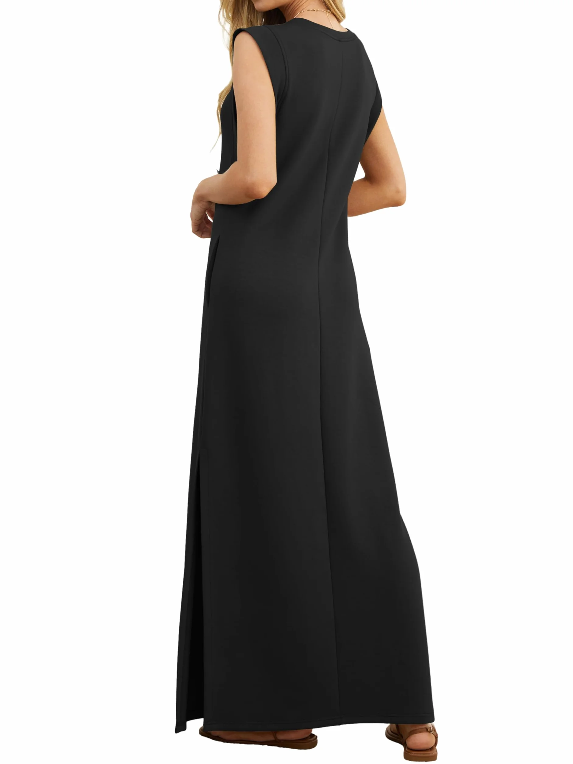 GRECERELLE Damen Sommer Maxikleid lässig Hemdkleider Elegante Stile ärmellos Maxikleider für Damen mit Schlitz und Taschen