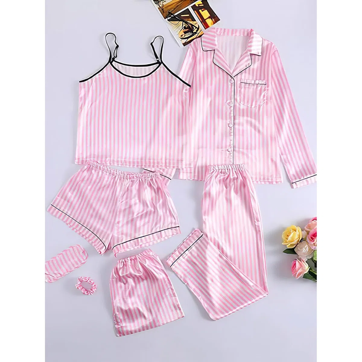 Mädchen 7PCS Satin Pyjama Set Frühling Sommer Herbst Tops & Kurze Hose Nachtwäsche