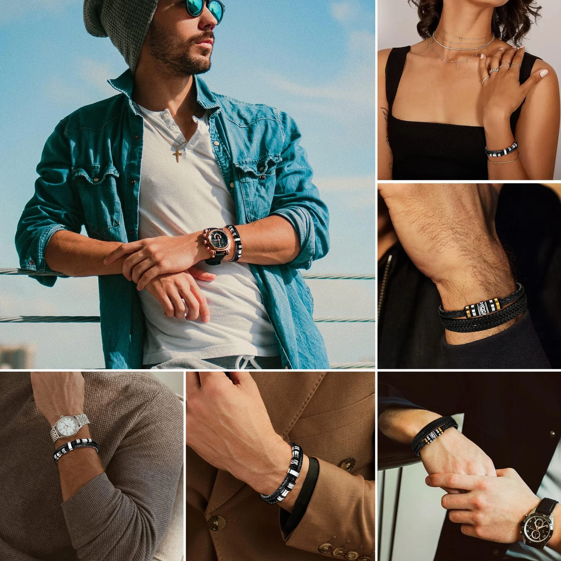 Dochais 2 Stücke Herren Armband, Premium Lederarmband für Männer in Schwarz Magnetverschluss aus Edelstahl Premium Echtlederarmband aus Leder Echtleder Geflochten Mit Magnet Verschluss