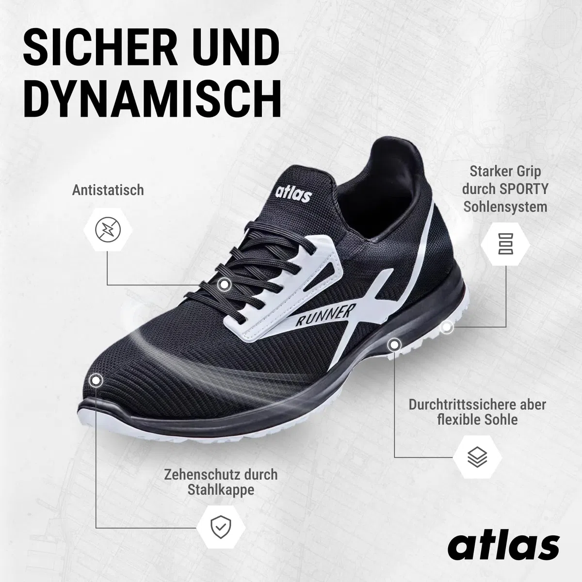 Atlas Runner 25 ESD Sicherheitschuhe Arbeitsschuhe für Herren und Damen S1P leicht, atmungsaktiv, Stahlkappe, Durchtrittschutz, ESD Weite 10