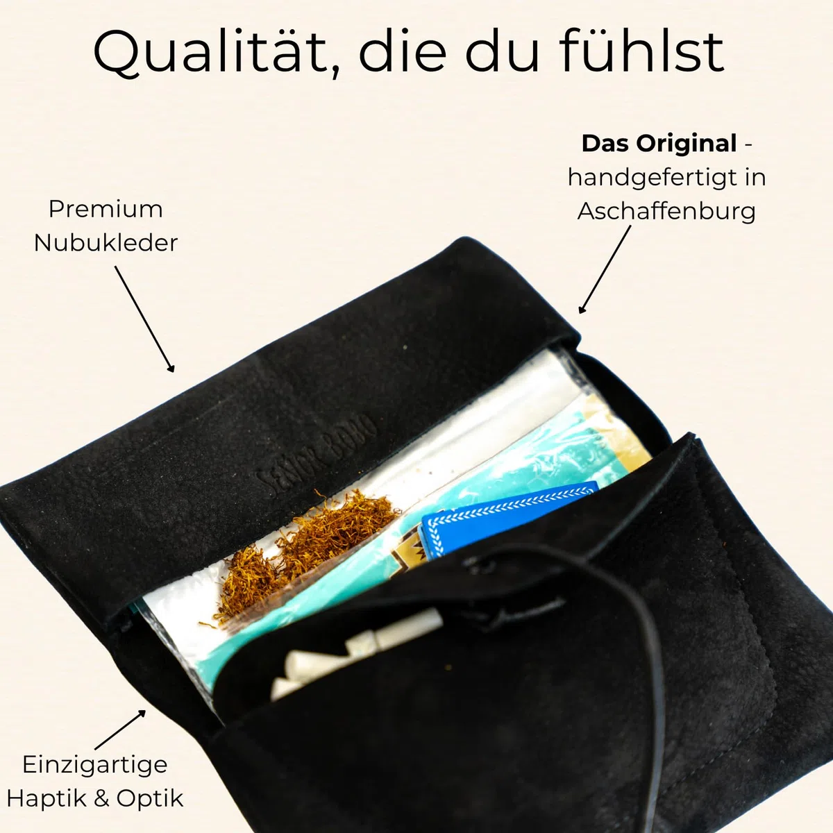 Tabaktasche SEÑOR BOBO - Handgemacht in DE - Premium Nubuk-Leder - mit Filterfach - Manufaktur-Qualität aus Bayern - Tabakbeutel für Drehtabak und Tabak