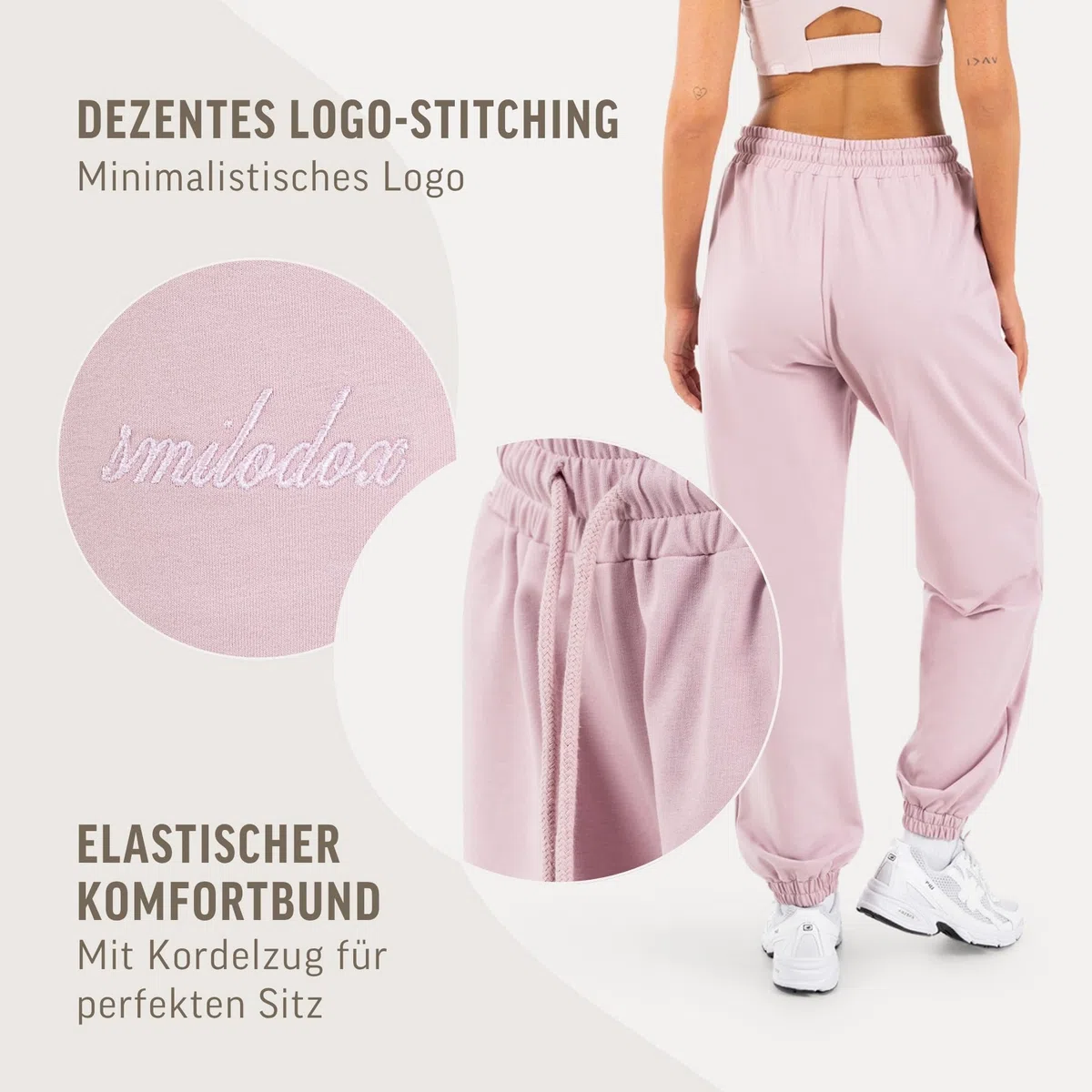SMILODOX Jogginghose Damen Elura, Tapered Fit Trainingshose, Sweatpants mit elastischem Bund, Tunnelzug und Kordelzug, Elastische Beinabschlüsse Logo-Stitching Clean Fit, Gym & Homewear
