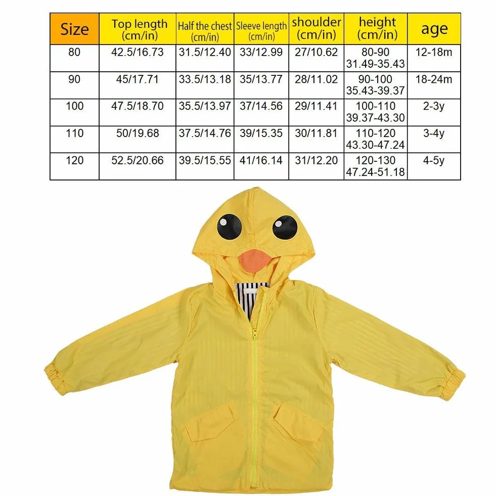 Zerodis Baby Enten Regenmantel Sommer Baby Mädchen Ente Wasserdichter Niedlicher Karikatur Hoodie Reißverschluss Leichter Regenbekleidung Mantel Outfit(100)