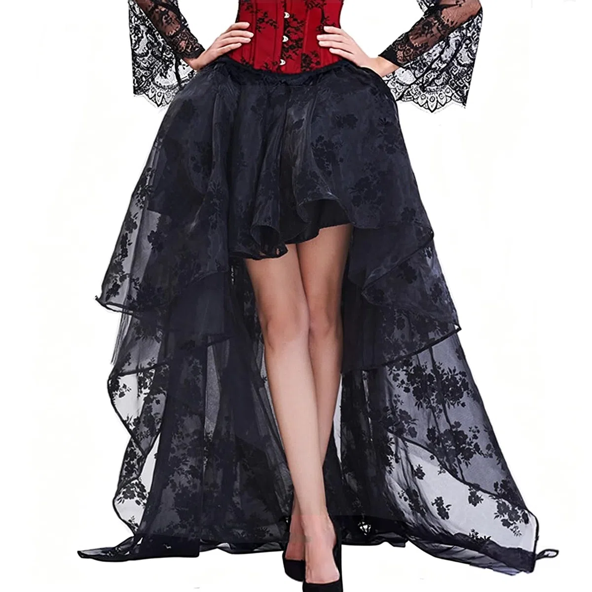Damen Elegant Midi Skate Rock Schwarz Vintage Korsett Rock Lang Festlich Rock Hochzeit Cocktail Langrock