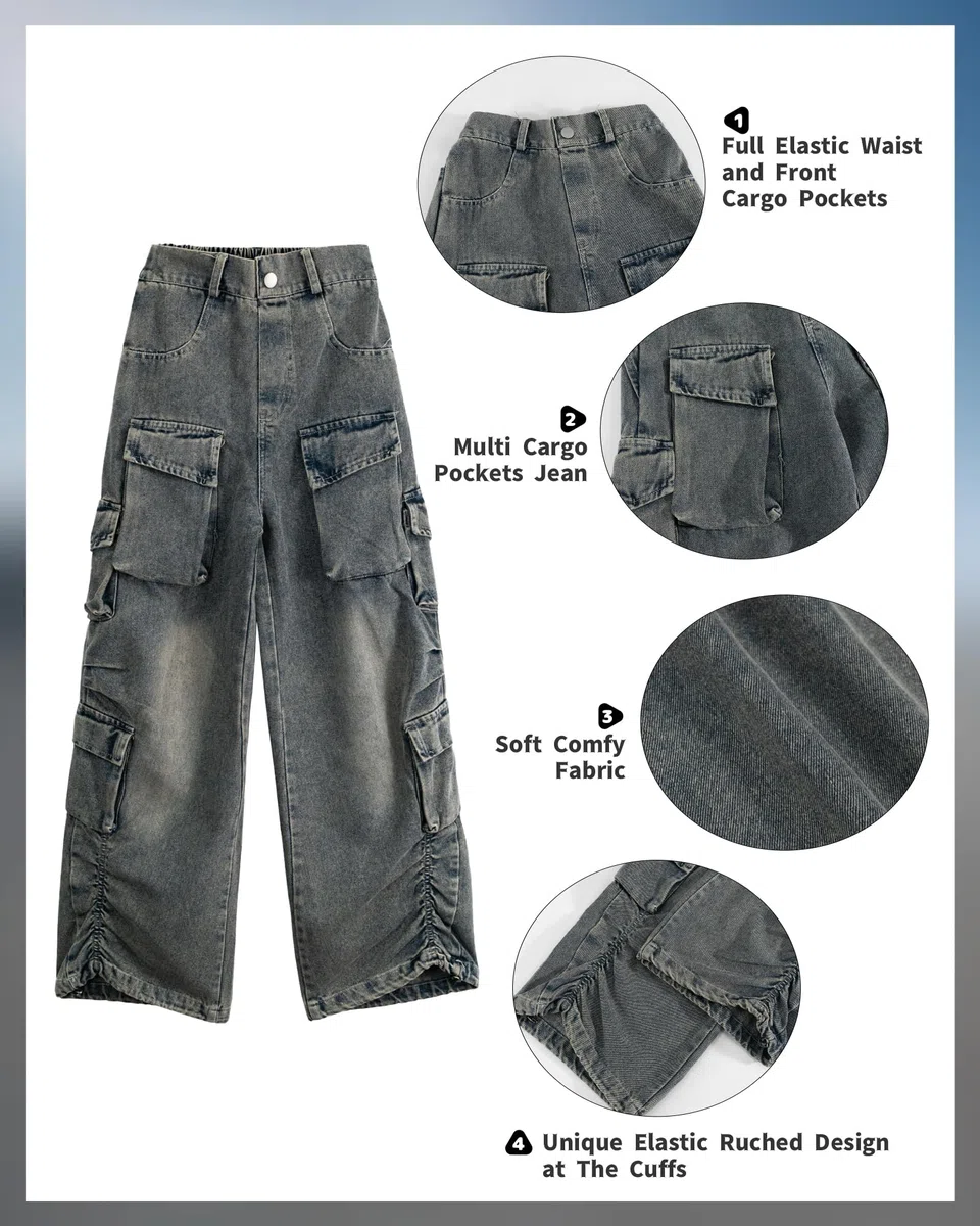 Rolanko Baggy Cargo Jeans für Mädchen, Elastische Hose mit Hoher Taille und Weitem Bein Y2K Jeanshose mit Mehreren Taschen