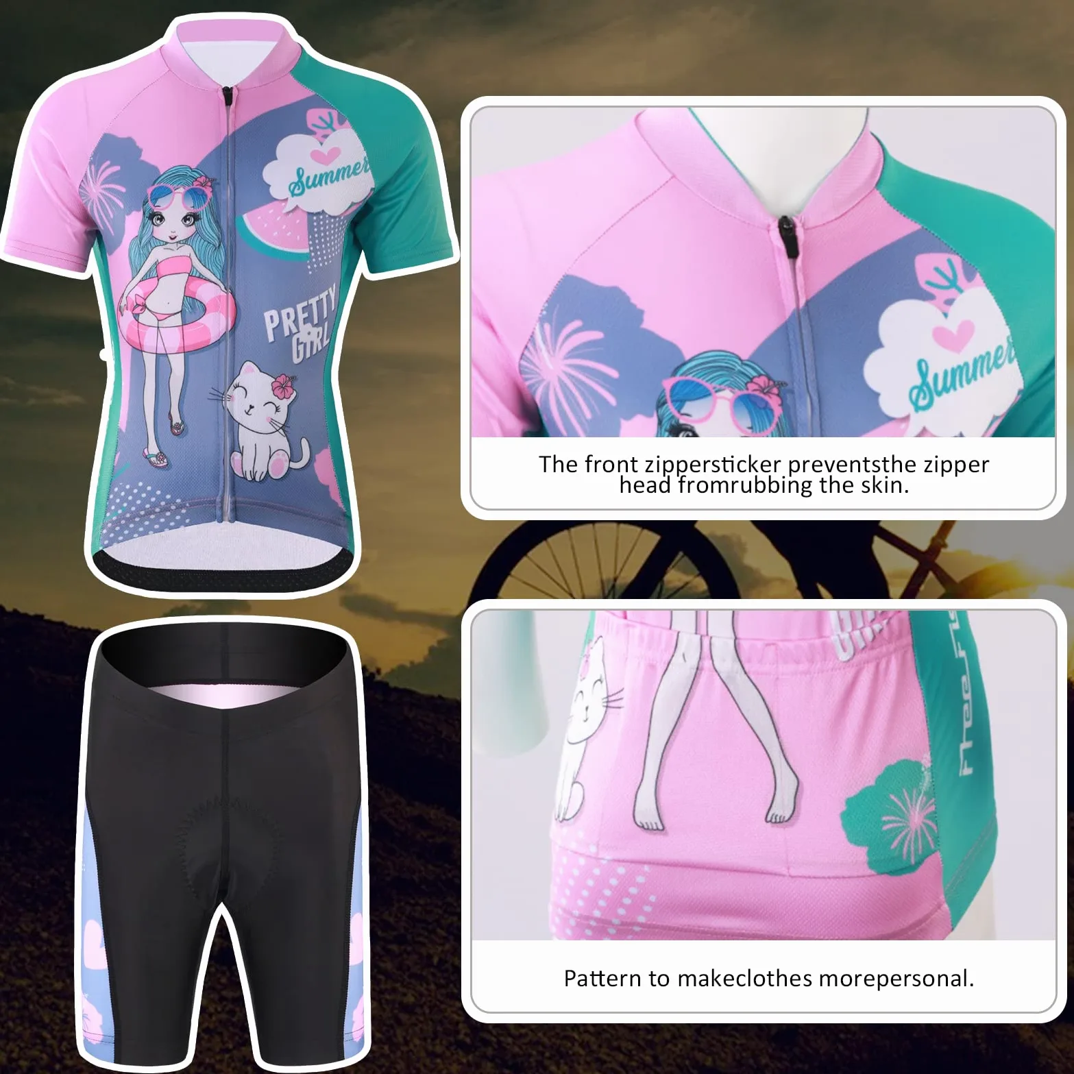 Kinder Jungen Radtrikot Mädchen Fahrrad Trikot Radhose mit Sitzpolster Kurzarm Radshirt Radsport Anzüge