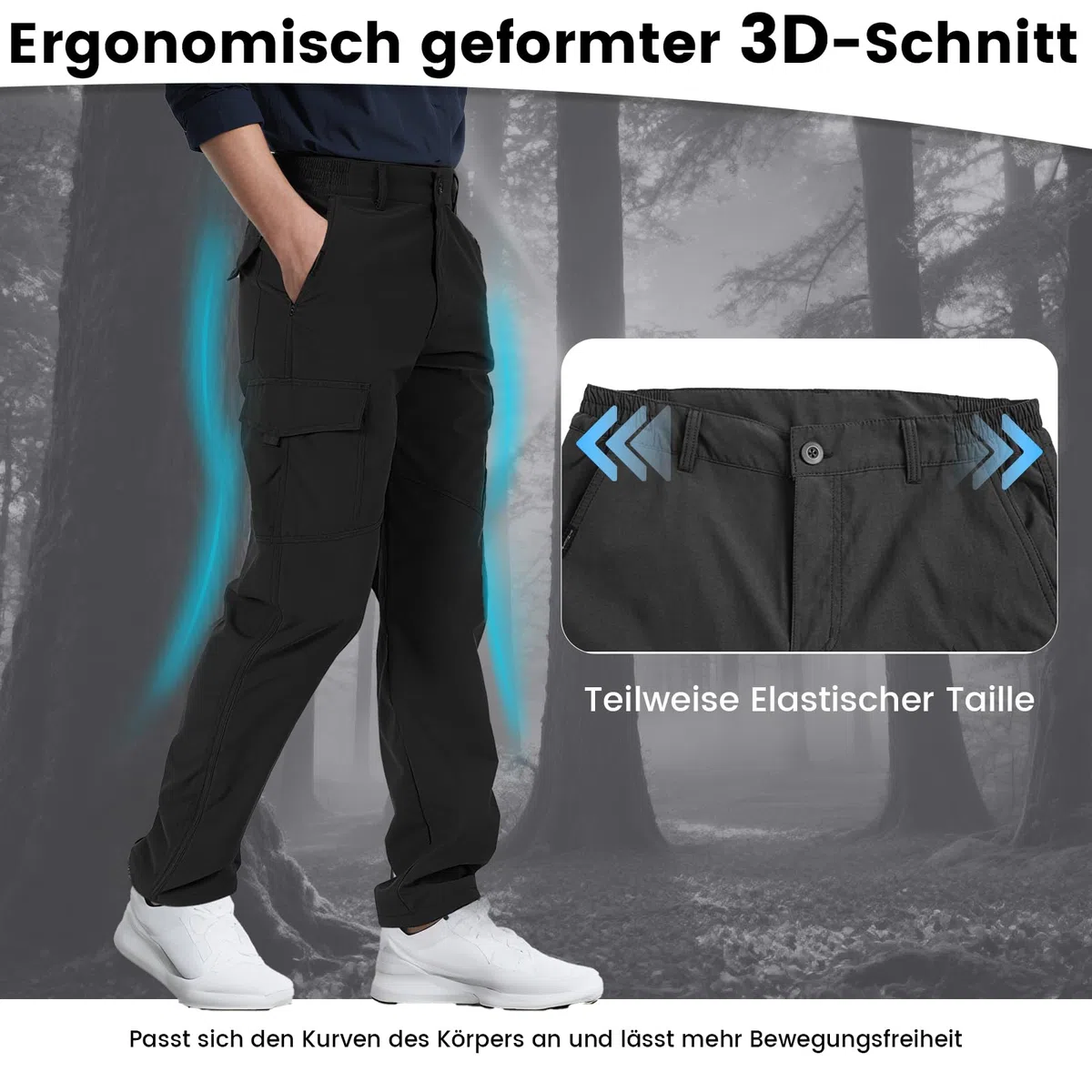 Aimato Wanderhose Herren wasserabweisend, Cargohose mit 6 Multifunktionstaschen, Teilweise Elastische Taille Outdoorhose, Arbeitshose für Trekking, Wandern, Camping, Reisen