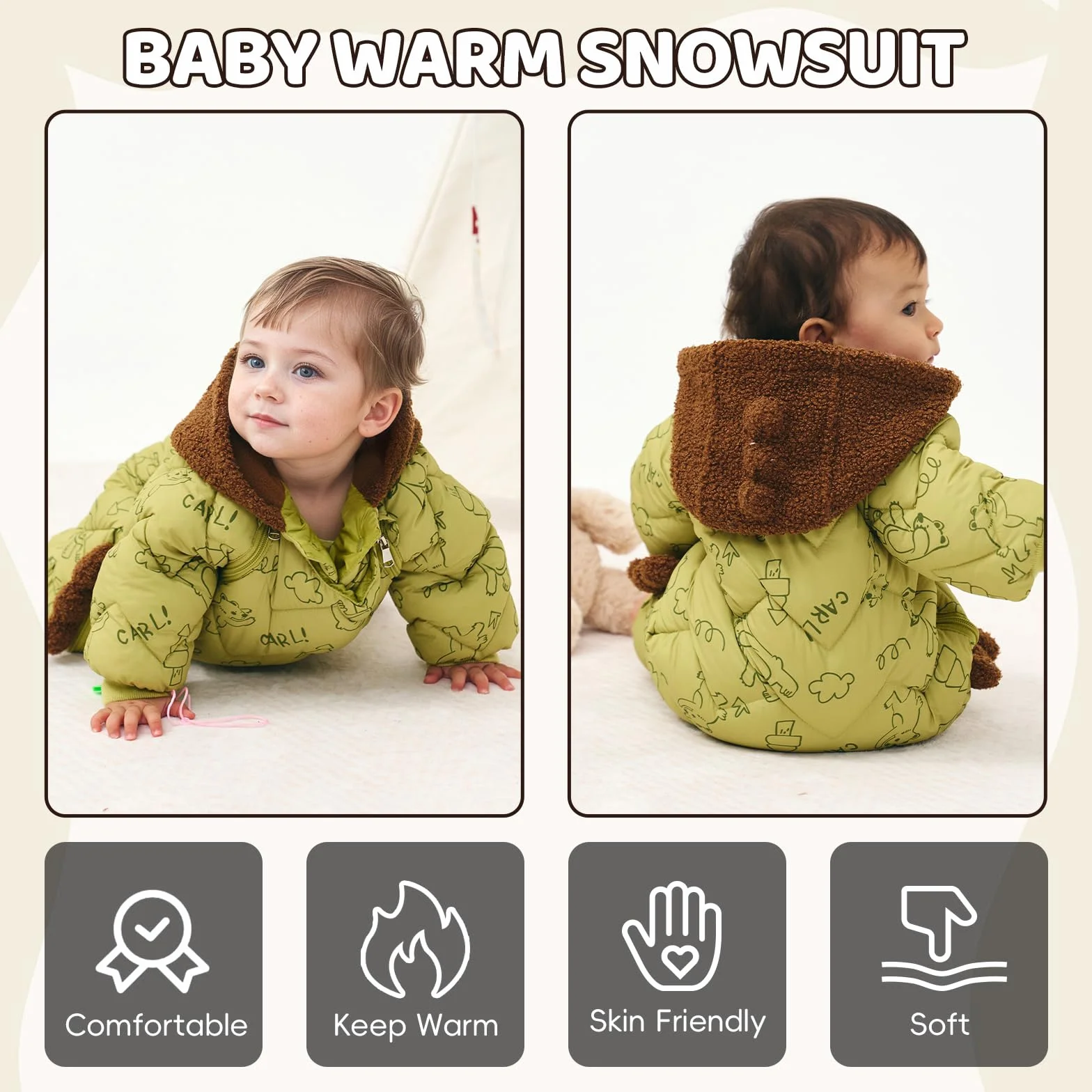 WYTbaby Baby Schneeanzug Winter Overall Mit Kapuze Dick Warm Strampler für Kleinkind Jungen Und Mädchen 6-24 Monate