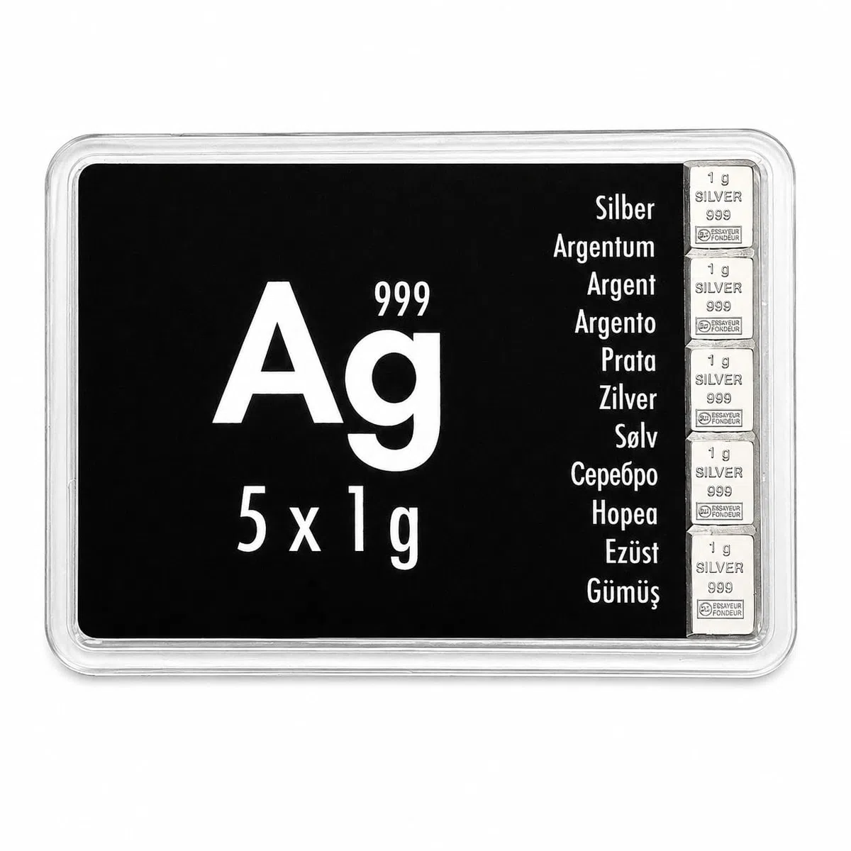 Silbertafel mit 5 x 1 Gramm Valcambi 999 Silberbarren CombiBar in Box World of Coins