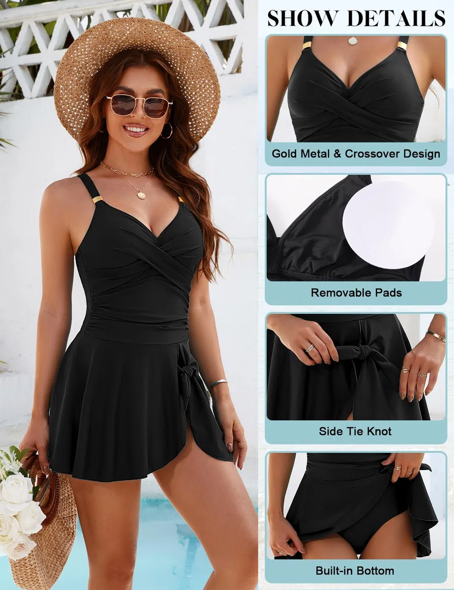 Nadeer Einteiliger Badeanzug Damen V-Ausschnitt Ruched Bauchweg Bademode Push Up Badeanzugkleid Schwimmanzug Elegant Metall Krawattenknoten Swimsuit