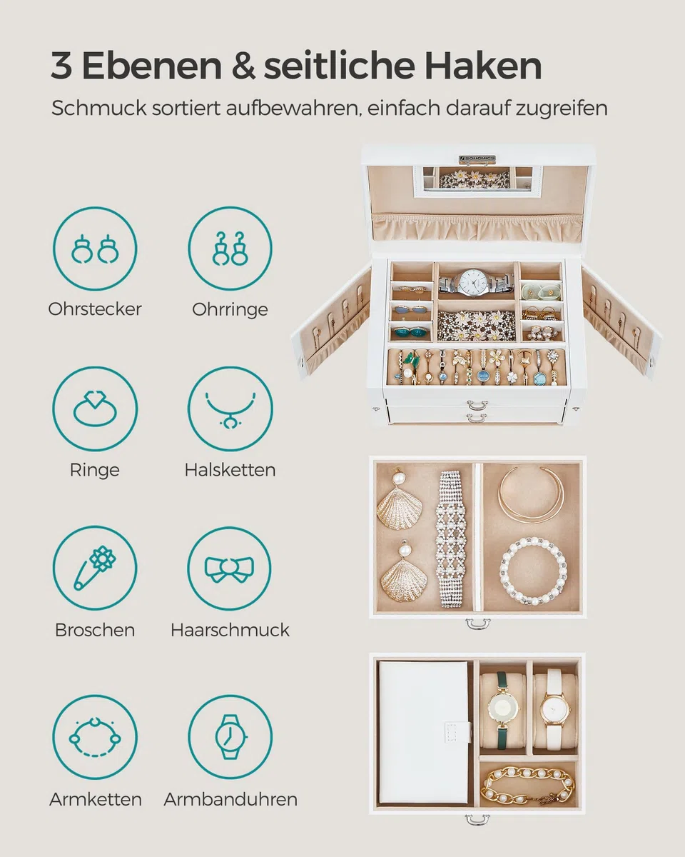 SONGMICS Schmuckkästchen 3 Ebenen, Schmuckkasten mit 2 Schubladen, Schmuckschatulle mit tragbarer Mini-Box für Reisen, mit Griff, abschließbar, Schmuckaufbewahrung, Geschenkidee, weiß JBC121W