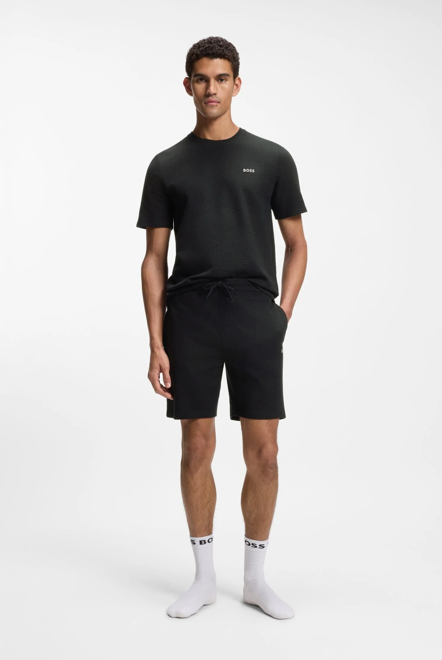 BOSS Herren Waffle Shorts Pyjama-Shorts aus Baumwoll-Mix mit Logo-Stickerei