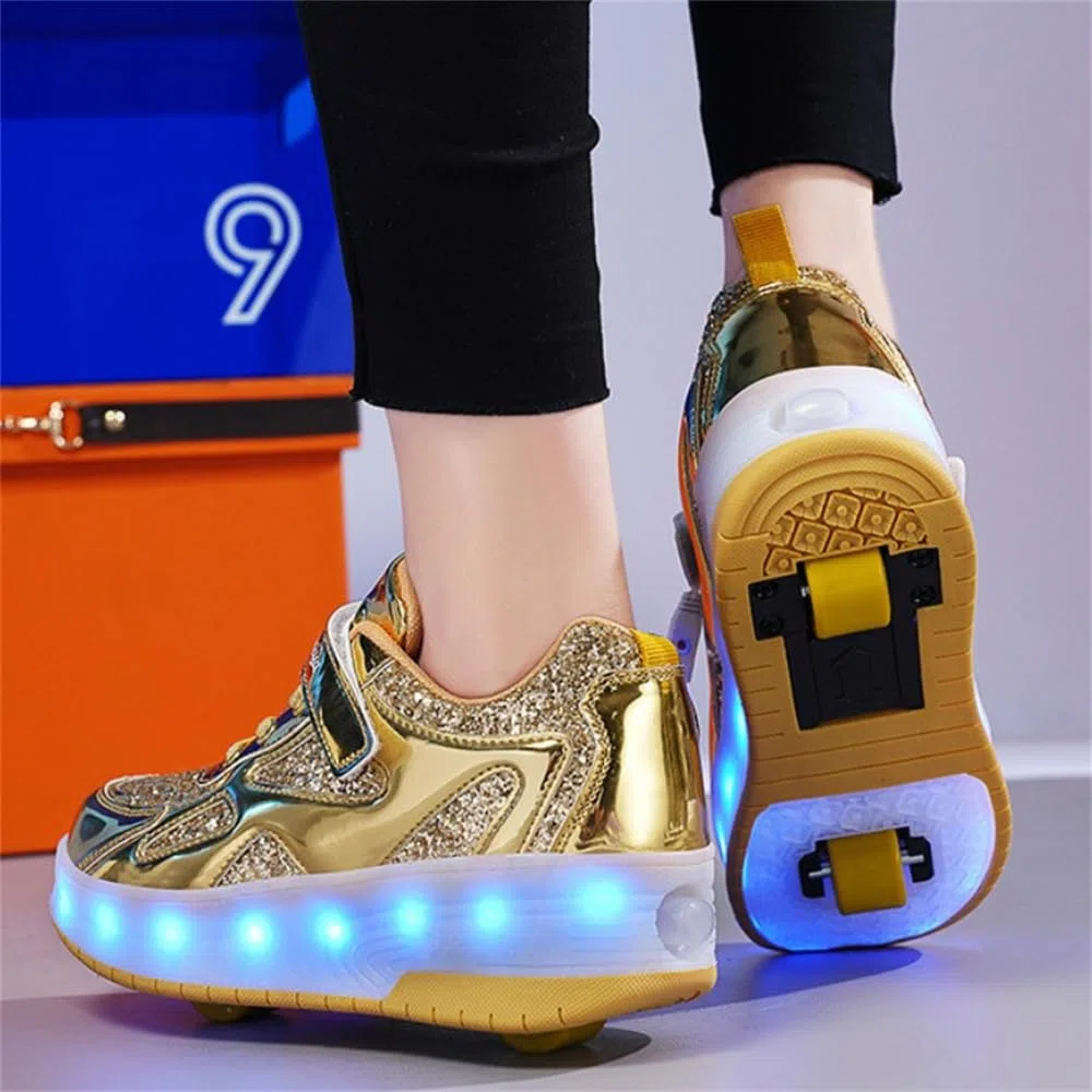Kinder Schuhe mit Rollen für Jungen Mädchen 2-in-1 Rollschuhe Versenkbarer Doppelt Rollen Funkelnde Pailletten Outdoor Sportschuhe Roller Schuhe Turnschuhe Skateboardschuhe