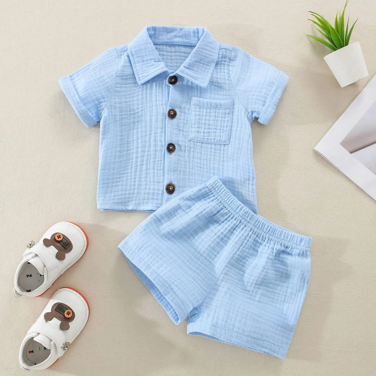 Yassiglia Baby Jungen Musselin Kleidung Set Weiche Bekleidungssets für Kleinkind Sommer Baumwolle-Leinen Outfit Kurzarm Revers Hemd + Shorts