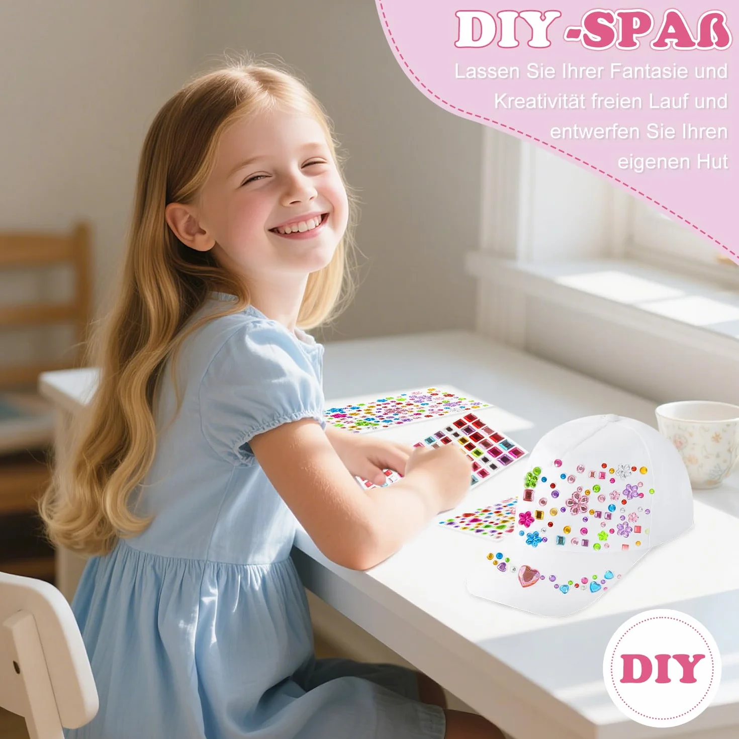 Voarge 6 Stück Kinder Kappen zum Bemalen,DIY Baseballkappe,Baseballcap Anstrich Hut Mütze Kinder Baseballmütze mit 3 Pcs Edelstein Aufklebern