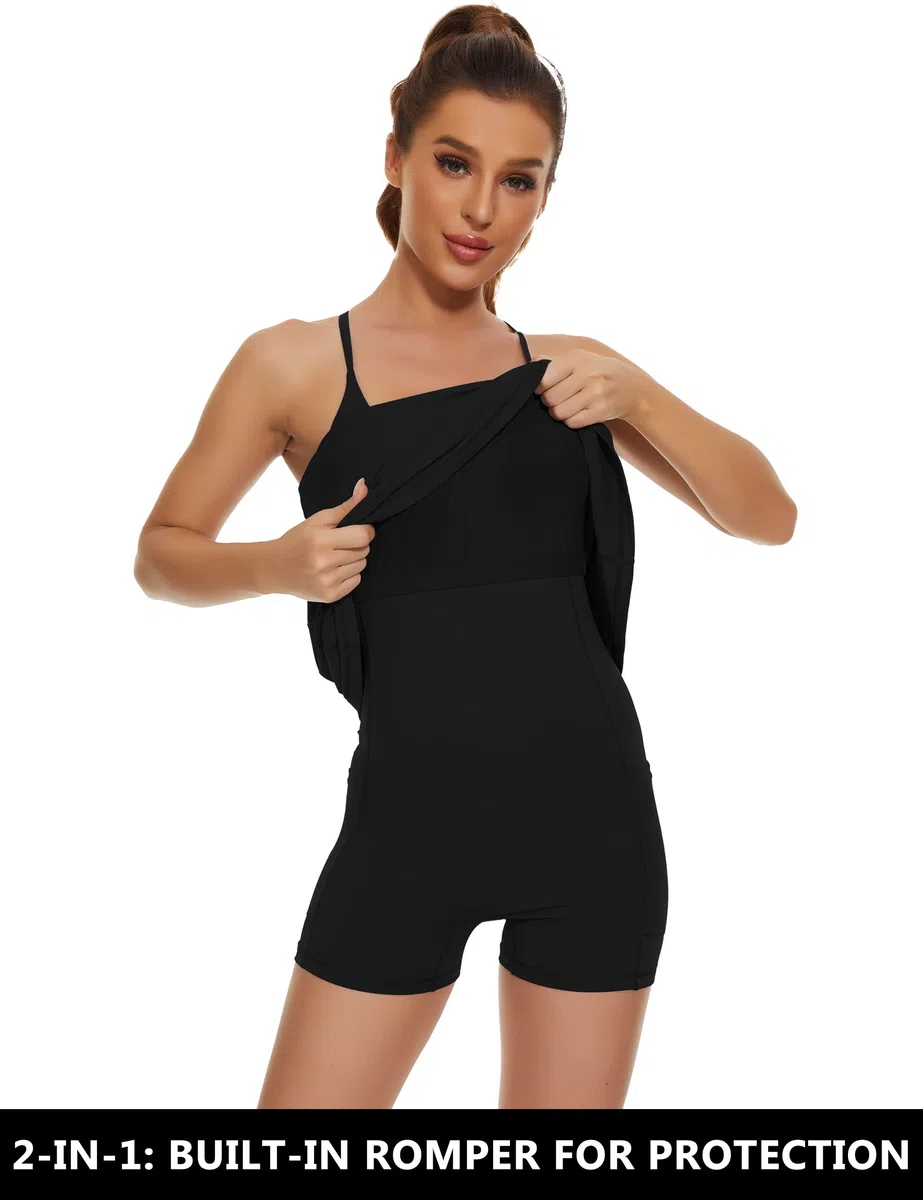 Desol Damen-Tenniskleid, Golf-Trainingskleid mit integrierten BH- und Shorts-Taschen, sportliche Trainingskleider mit verstellbaren Trägertaschen