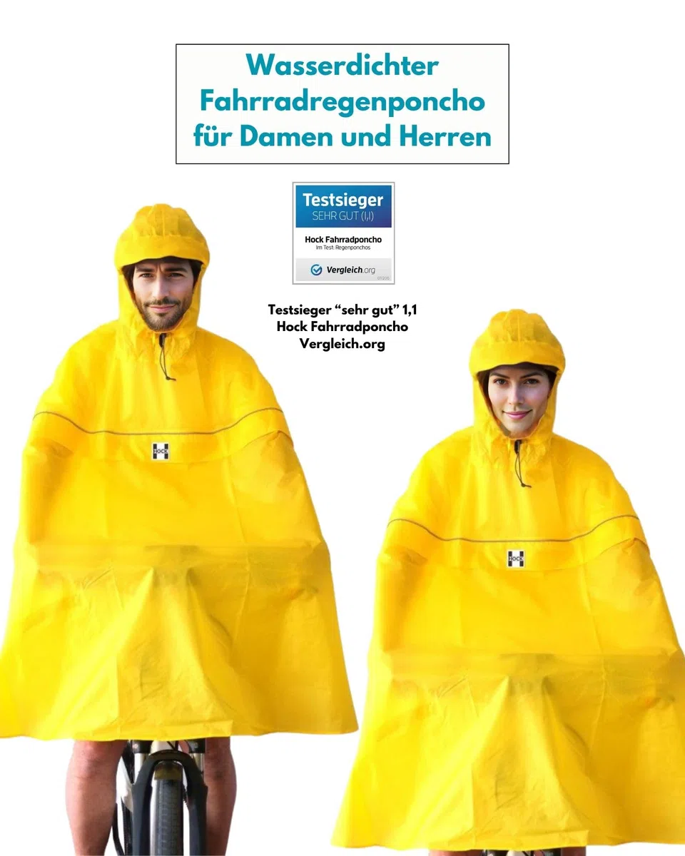 HOCK Fahrrad Regenponcho mit neuer Kapuzenform - Fahrradponcho Wasserdicht mit Reflektoren - Herren Damen Regenschutz - optimales Regencape zum Mitnehmen für alle Biker