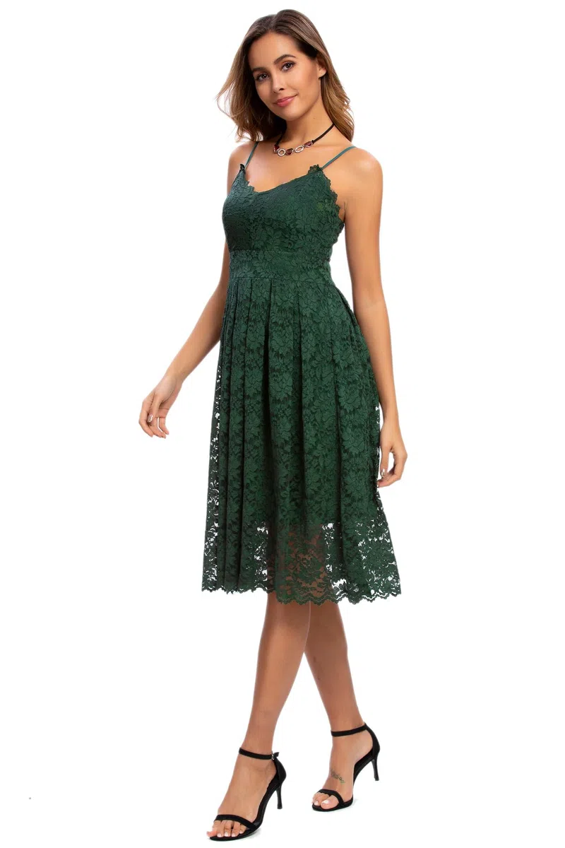 Atnlewhi Damen Vintage ärmellosen V-Ausschnitt A-Linie Kleid Blumen Knielang Spitzenkleid Brautjungfer Elegante Cocktailkleider