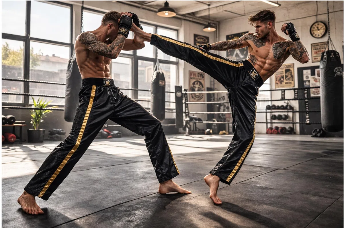 Bay Netz Mesh Kickboxhose Kampfsporthose Schwarz lang Mesh-Netzeinsatz Kontraststreifen in Gold seitlich Polyester Erwachsene Damen Herren Kinder Jungen Mädchen Größen 5XS - XXL
