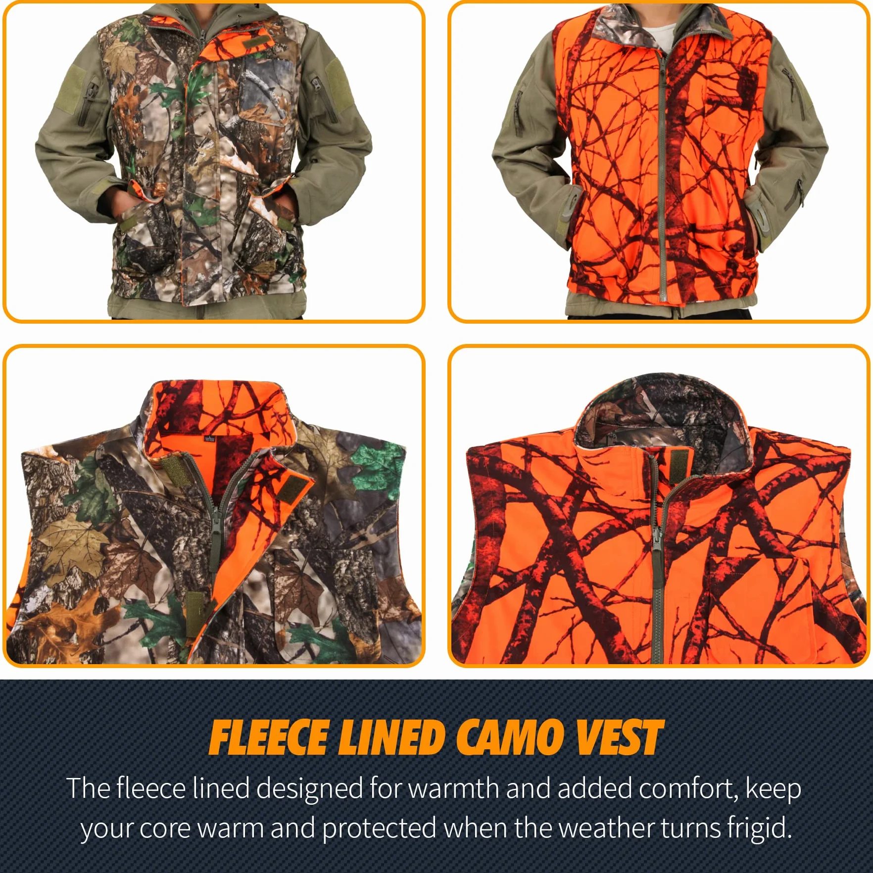 GUGULUZA Herren Jagd Weste Weich Protector Warnweste Angelweste Reversibel Orange + Camouflage