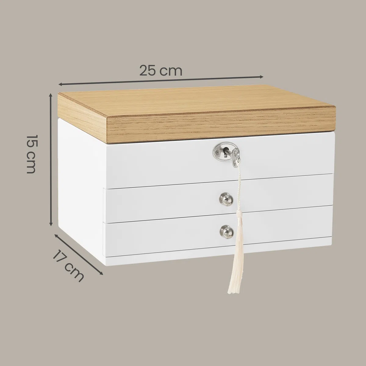 SONGMICS Schmuckkästchen 3 Ebenen, Schmuckkasten, Schmuckschatulle, großer Spiegel, 2 Schubladen, abschließbar, Geschenkidee, für Ringe, Ohrringe, Armbänder, Halsketten, weiß-holzfarben JOW15WN