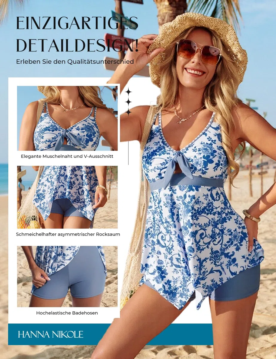 Hanna Nikole Tankini Damen Bauchweg Badeanzug mit Badeshorts Bademode Set Zweiteiler Sommer Drucken Badeanzüge für Damen Strand Ferien Freizeit