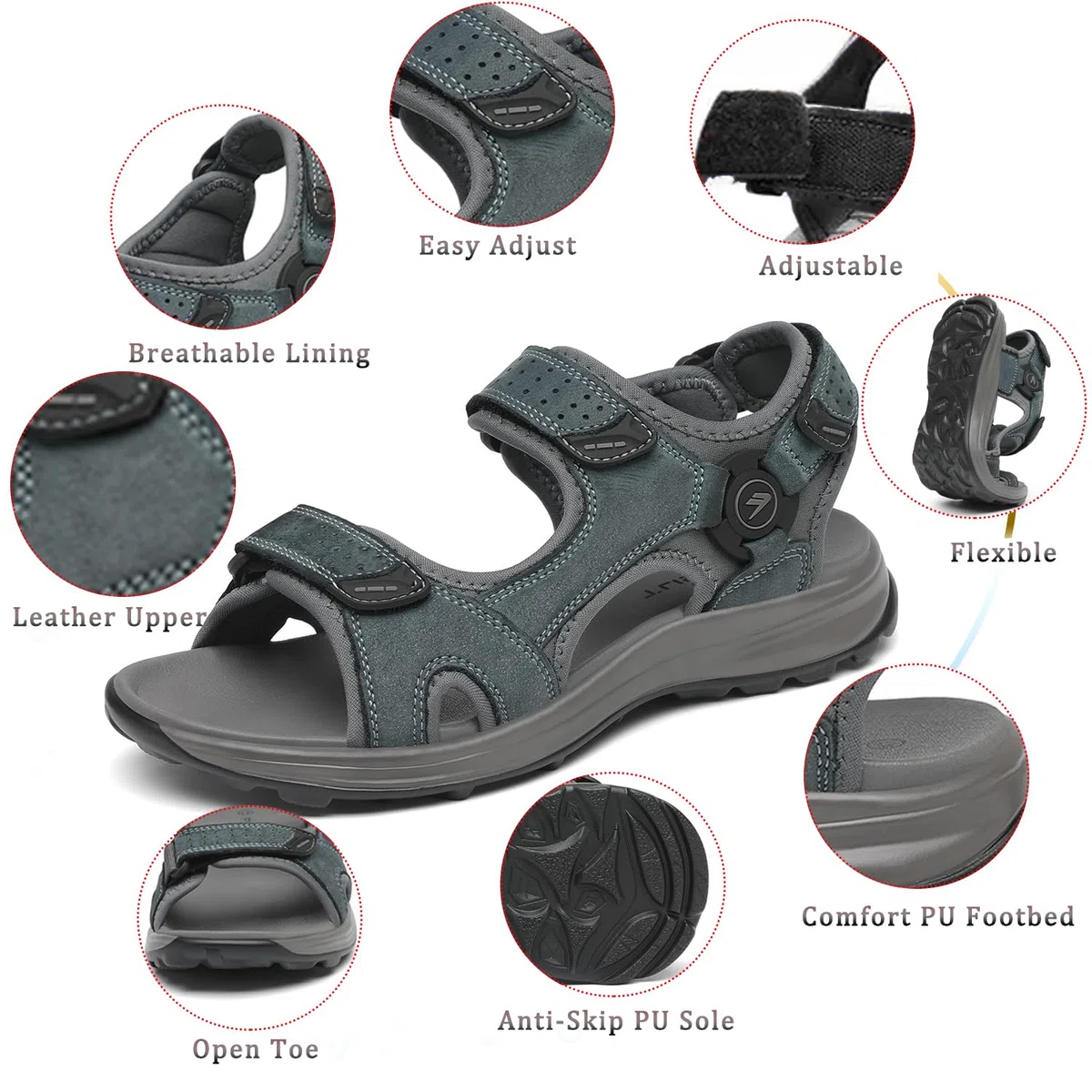 FLARUT Herren Sandalen Sommer Wanderschuhe Trekkingsandalen Outdoor Sport Leder Strand Wandersandale Offene Zehe Wandern Sandalen Lässige Sportsandalen