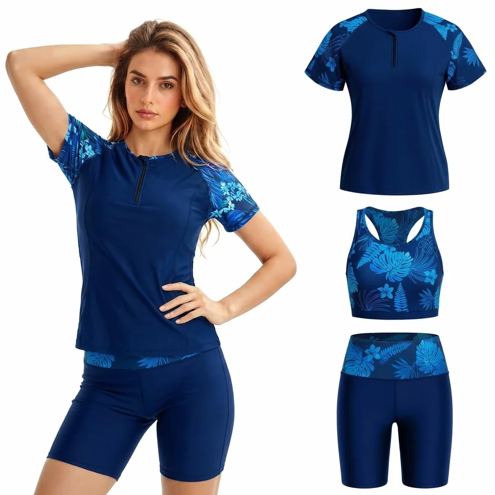Owntop UV Rashguard Set Damen 3-teilig – Kurzarm Schwimmshirt mit Tanktop & Badehose, Schnelltrocknende Swimwear mit UV Schutz für Strand Schwimmen Wassersport