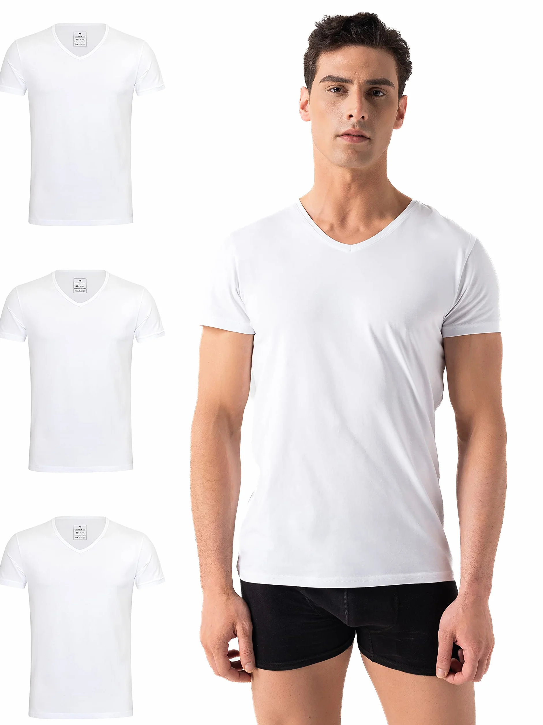Burnell & Son Herren T-Shirt 3er Pack V-Ausschnitt Unterhemd Herren - Stretch - Kurzarm Shirt Männer aus Baumwolle Basic Slim Fit