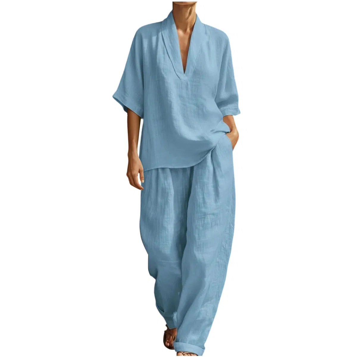 2 Teiler Damen Sommer Trainingsanzüge Zweiteiliges Set Kurzarm Knopfbluse & Weite Hose Musselin Leinenanzug Elegant Leichte Hosenanzug Strand Outfits Einfarbig Hausanzug Freizeitanzug