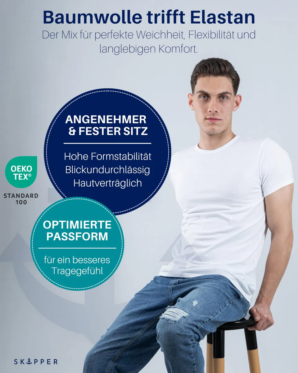 SKIPPER Herren T-Shirts 3er Pack Rundhals Weiß – Markanter Style durch verstärkten Kragen, Stretch Baumwolle – Perfekter Sitz & Formstabil – Slim Fit S–3XL