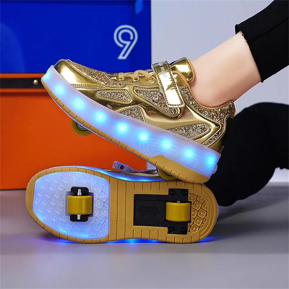 Kinder Schuhe mit Rollen für Jungen Mädchen 2-in-1 Rollschuhe Versenkbarer Doppelt Rollen Funkelnde Pailletten Outdoor Sportschuhe Roller Schuhe Turnschuhe Skateboardschuhe