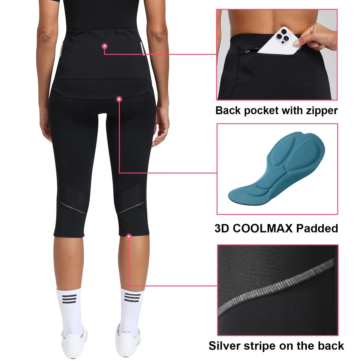 Santic Frauen Radfahren Shorts gepolstert 3/4 hohe Taille Bike Shorts Fahrrad Capris für Frauen mit Taschen