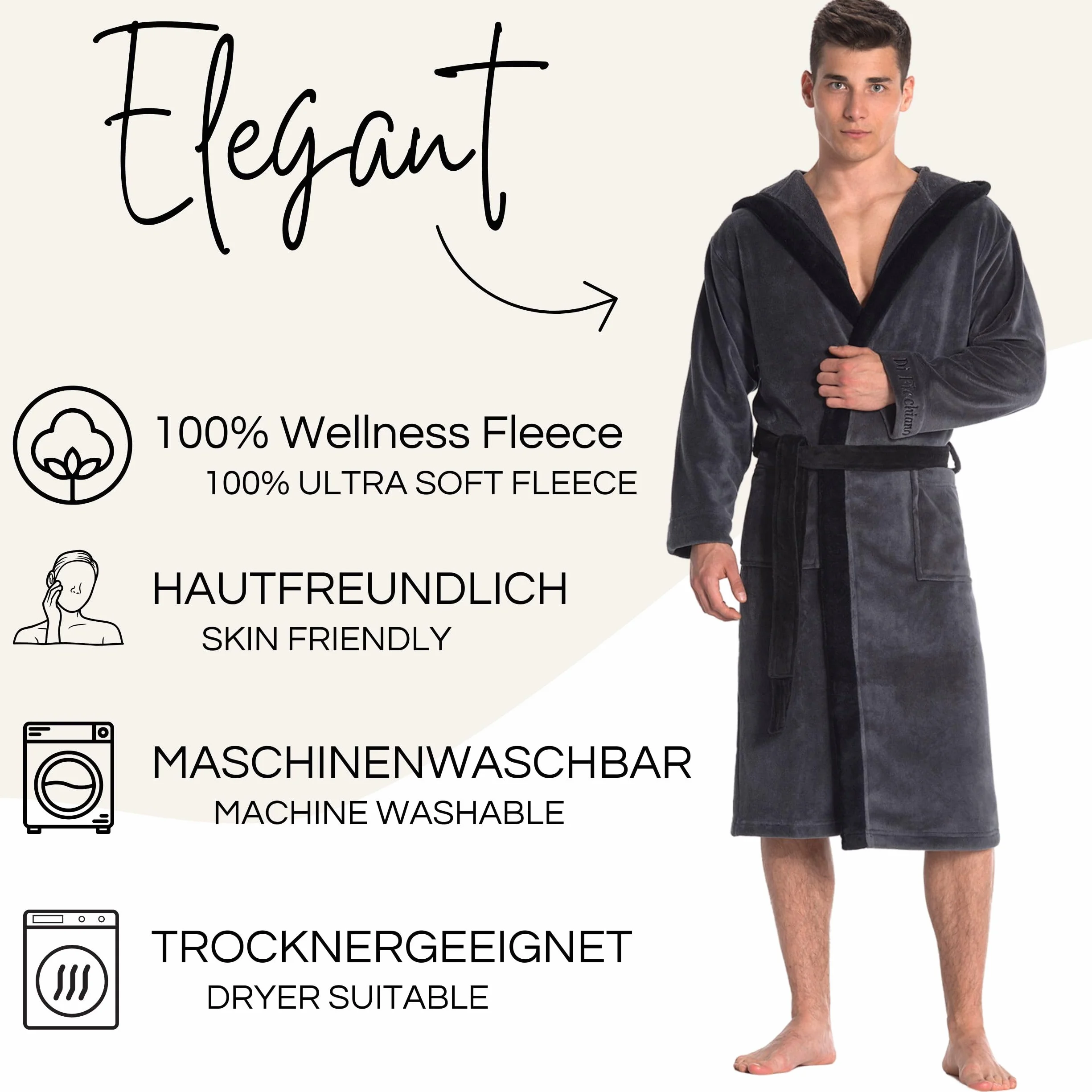 Di Ficchiano Herren Bademantel Monza mit Kapuze I Morgenmantel flauschig I Nachtwäsche aus edler Mikrofaser I Kimono mit Farb- & Größenauswahl S - 5XL I Bath-Robe Öko-Tex Standard 100
