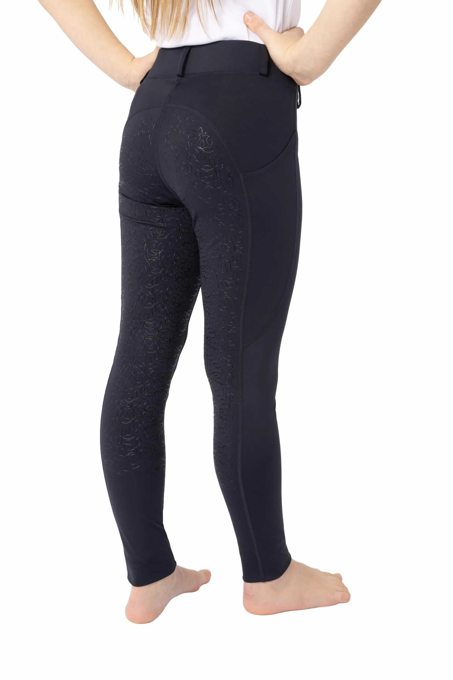 HORZE Kinder Reitleggings DEA, Reithose Mädchen, Gürtelschlaufen, Vollbesatz, Handytasche, Blau, 158/164