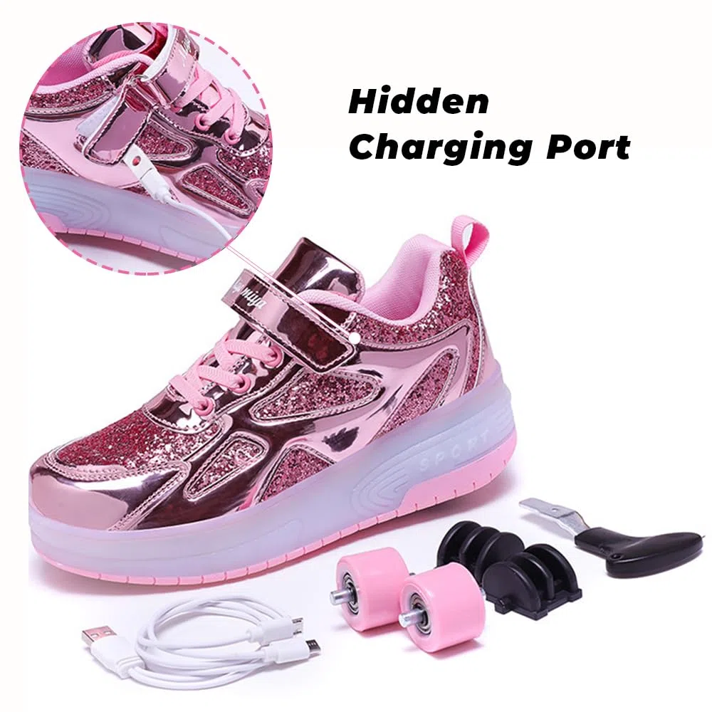 Kinder Schuhe mit Rollen für Jungen Mädchen 2-in-1 Rollschuhe Versenkbarer Doppelt Rollen Funkelnde Pailletten Outdoor Sportschuhe Roller Schuhe Turnschuhe Skateboardschuhe