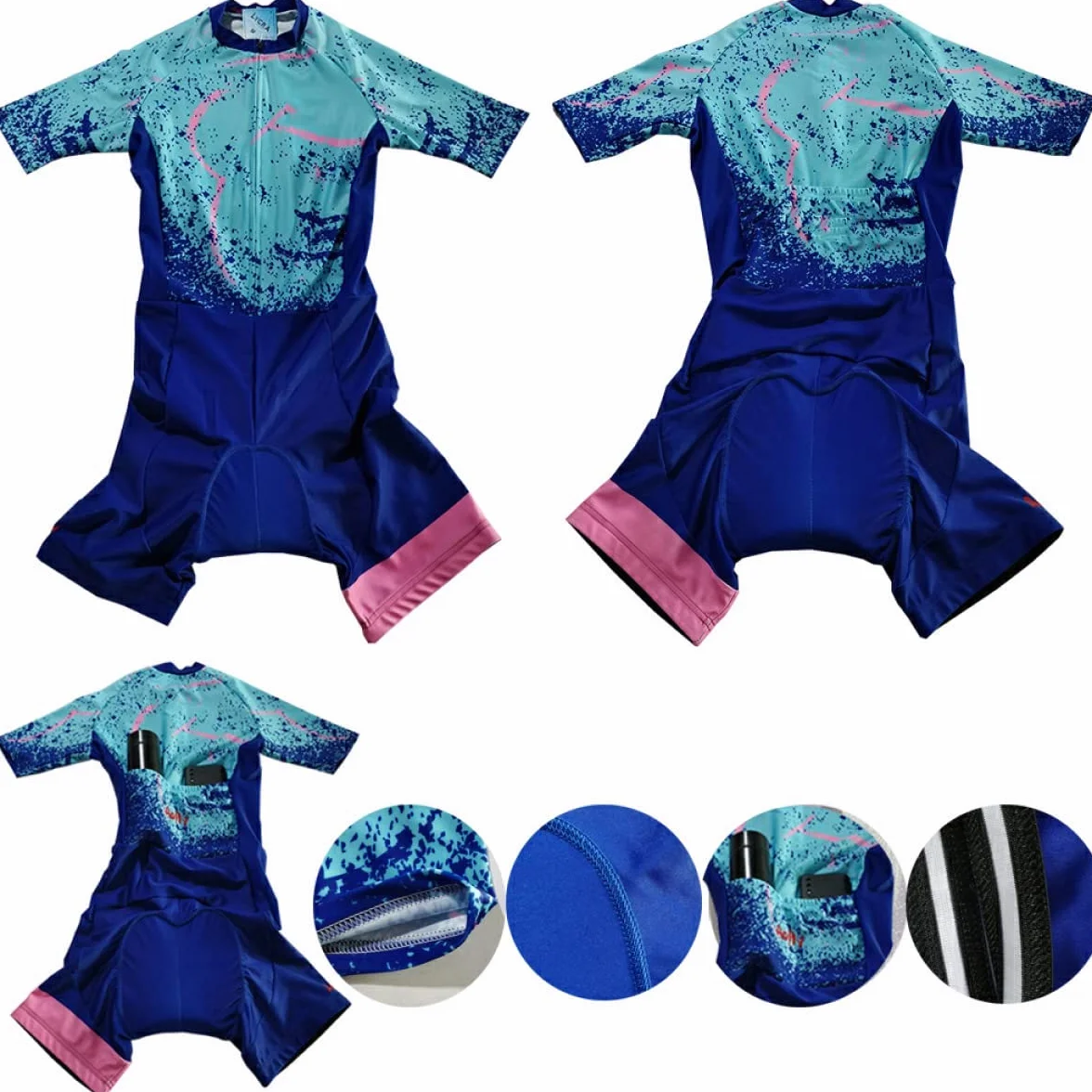 5 Farben Damen Radanzug Triathlon Racing Team Jersey Einteiler Jumpsuit Kurzarm Eng Radanzug Gel-Pad XS-3XL