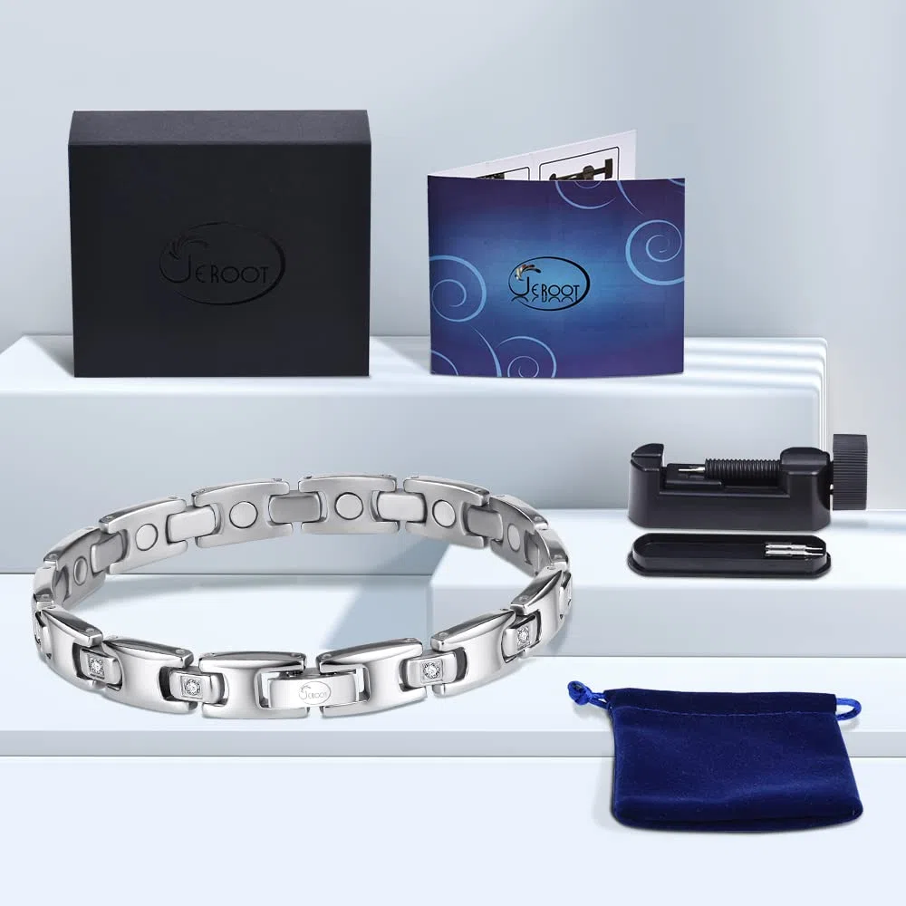 JEROOT Titan-Magnetarmband für Damen, verstellbare Größe, 3500 Gauß-Magnete, Zirkonia, Geschenkbox inklusive Silber (3500 Gauss)