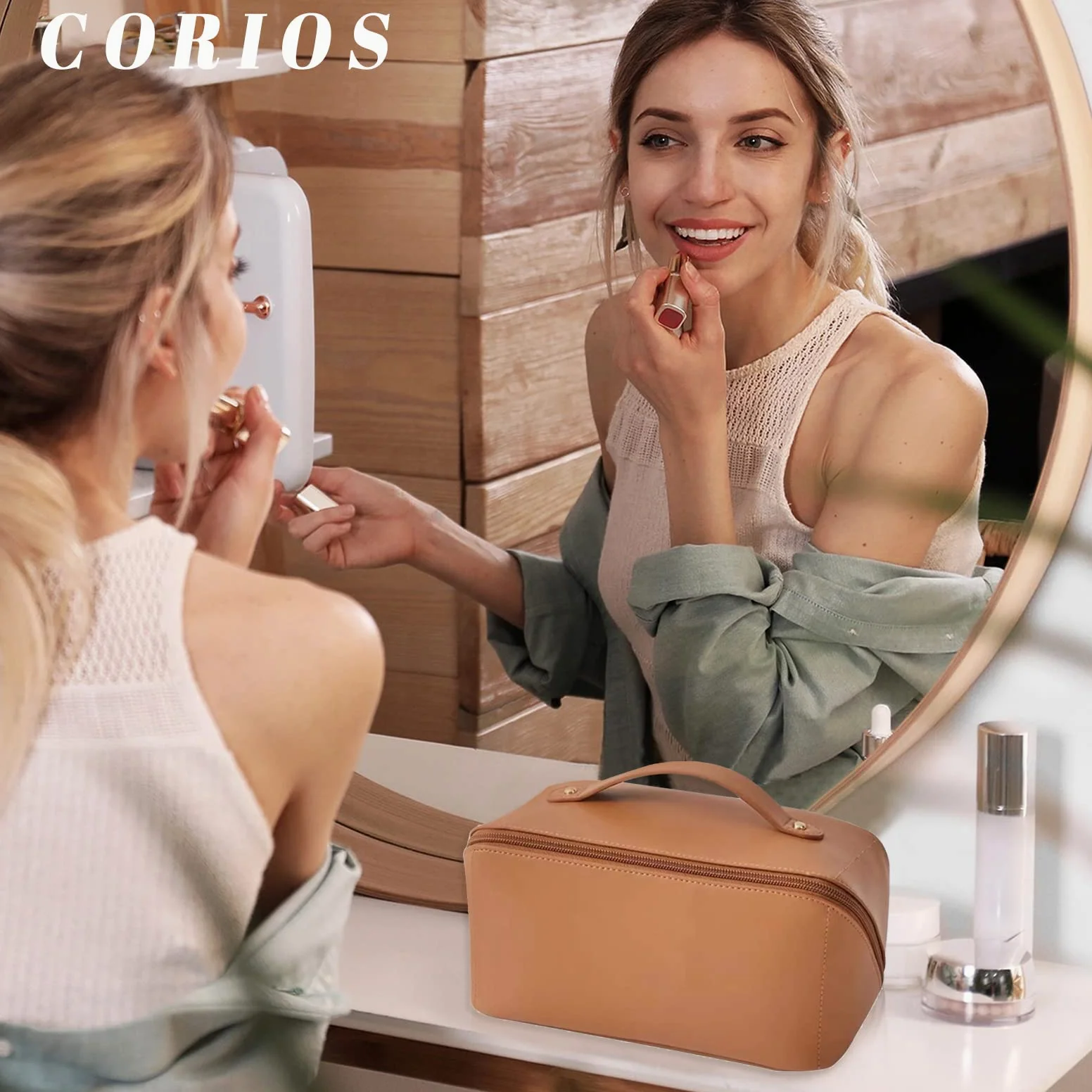 CORIOS Große Kapazität Kosmetiktasche Wasserdicht Kulturtasche Leder Schminktasche Multifunktions Kulturbeutel Tragbare Make-up-Tasche für Damenkosmetik Accessoires und Toilettenartikel Braun