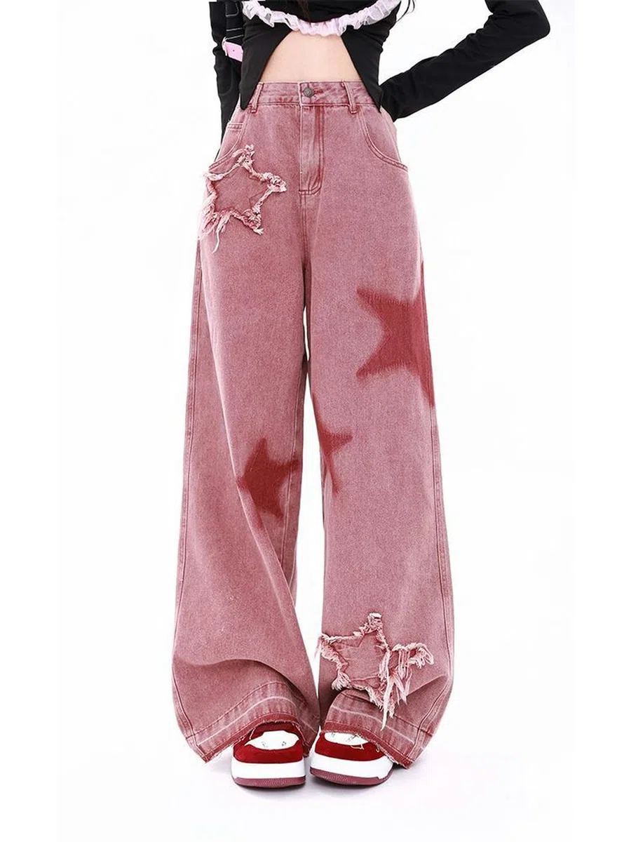Herbst rosa Damenjeans High Street Retro Stern Bestickt Sweet Girl Style Hose lockere Mode Hose mit weitem Bein weiblich 2023-Rostrot-S