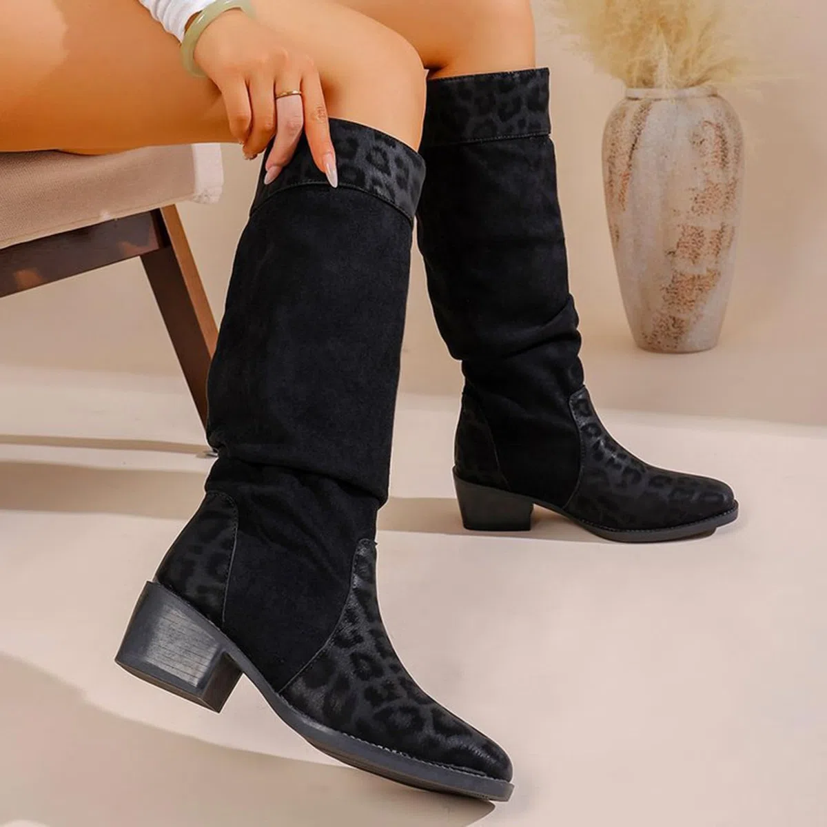 Generisch Kniehohe Stiefel Damen Mit Blockabsatz Langschaft Boots Herbststiefel - Herbst Winter Elegant Damenstiefel Schlupfstiefel Bequem Warmes Winterstiefel Winterboots Knee High Stiefel