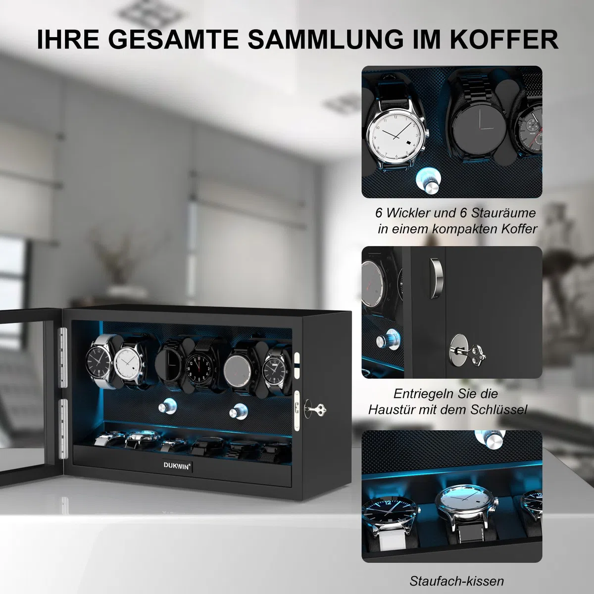 XTELARY Uhrenbeweger für 4/6/8/12 Automatikuhren, Abschließbarer Automatikbeweger mit 4 Rotationsmodi,Extra Uhrenfächern, Flexible Uhrenkissen, Leiser Mabuchi Motor und Blaue Hintergrundbeleuchtung