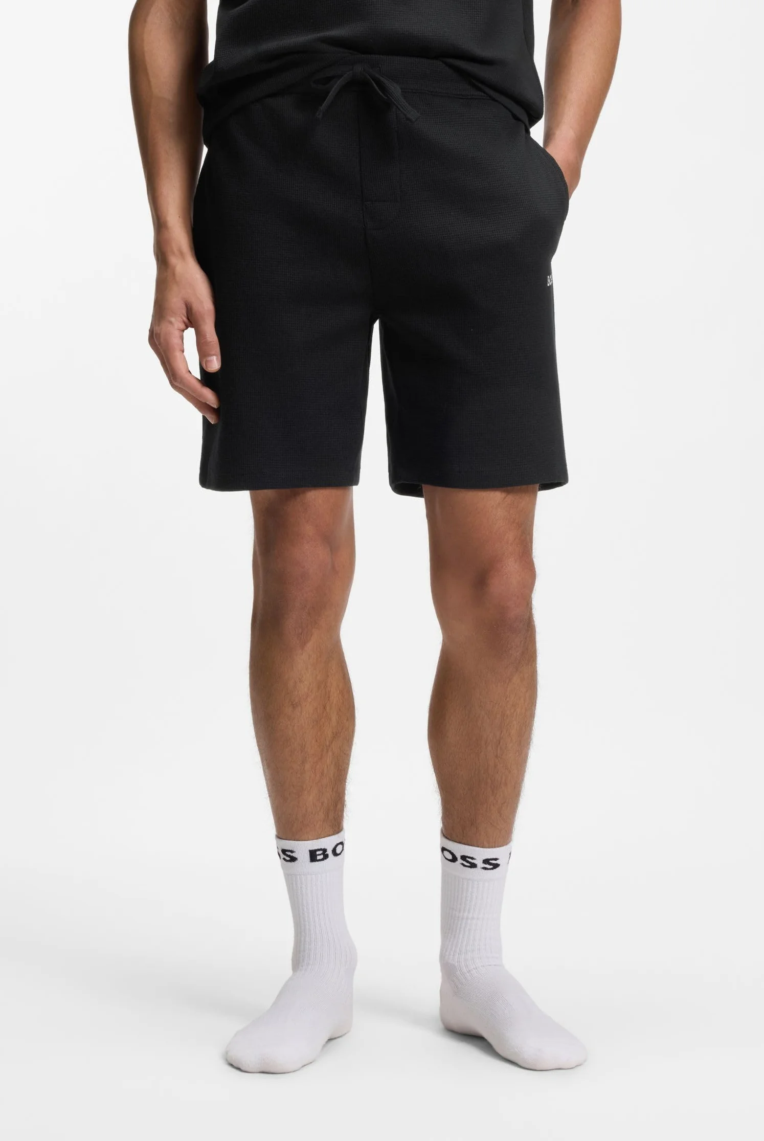 BOSS Herren Waffle Shorts Pyjama-Shorts aus Baumwoll-Mix mit Logo-Stickerei