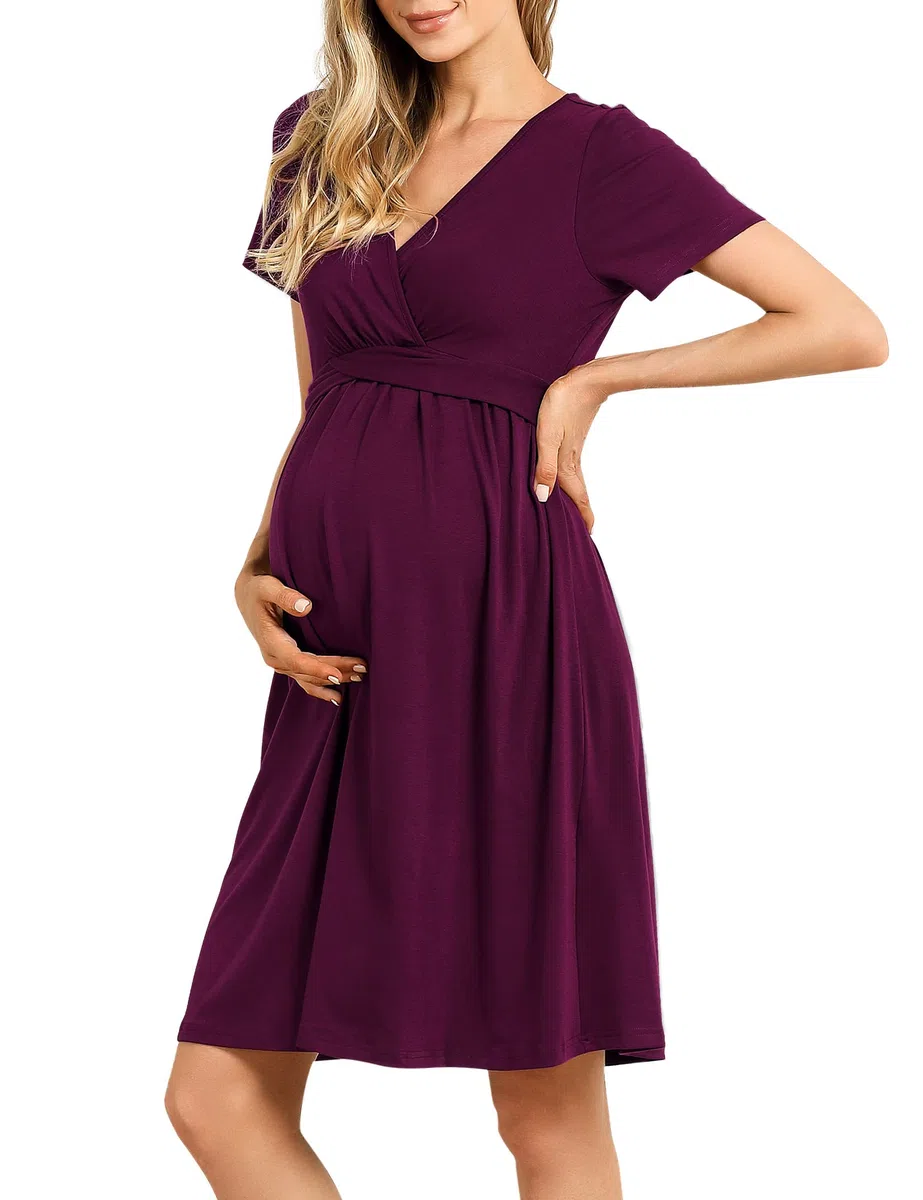 KOJOOIN Damen Umstandskleid V-Ausschnitt Stillkleid Casual Falten Schwangerschaftskleid(Verpackung MEHRWEG)