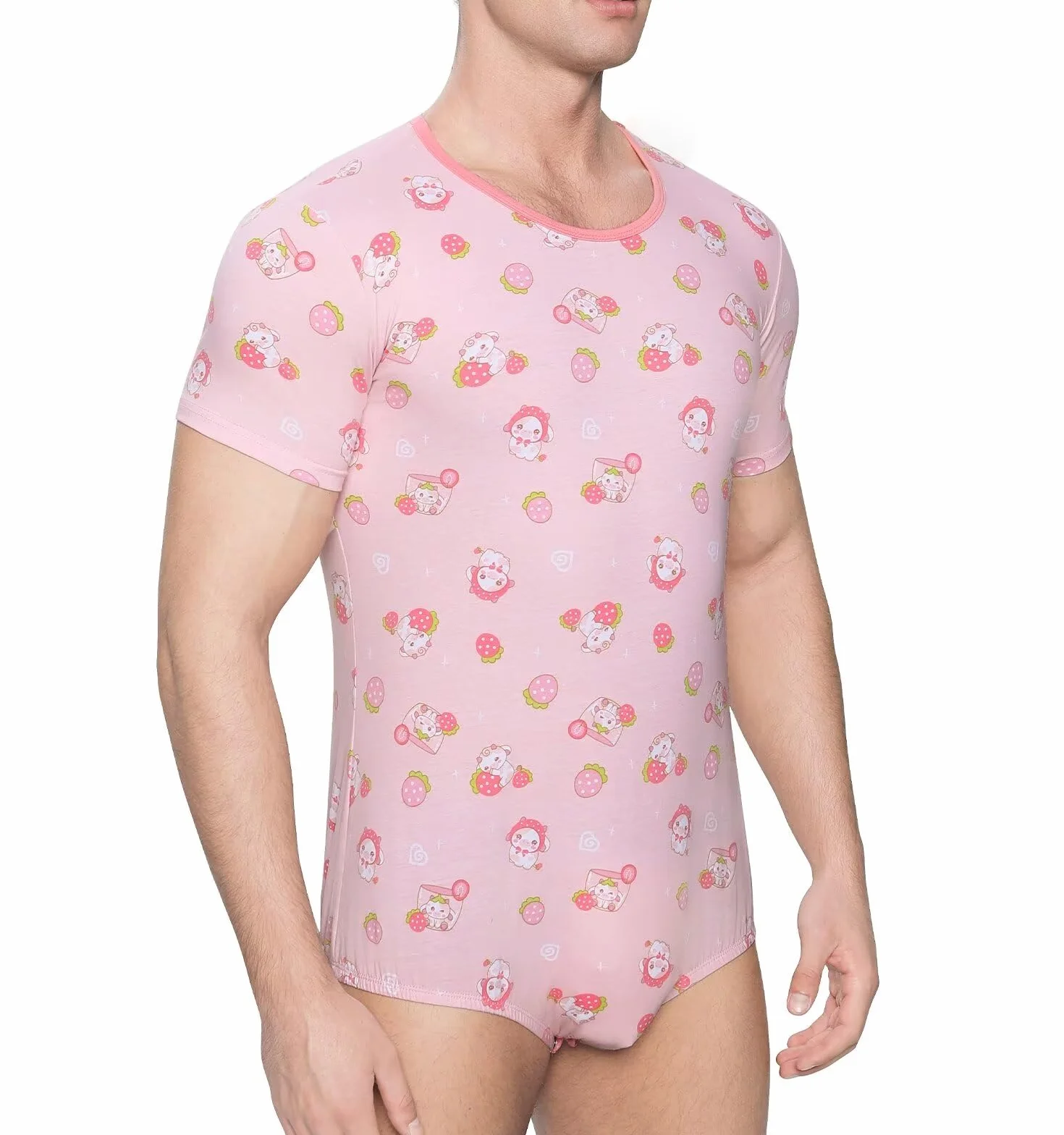 Landofgenie Kurzärmeliger Herren-Bodysuit Einteiliges T-Shirt Bedruckter Pyjama Leotard Atmungsaktive Baumwolle Onesie Erdbeer Kuh