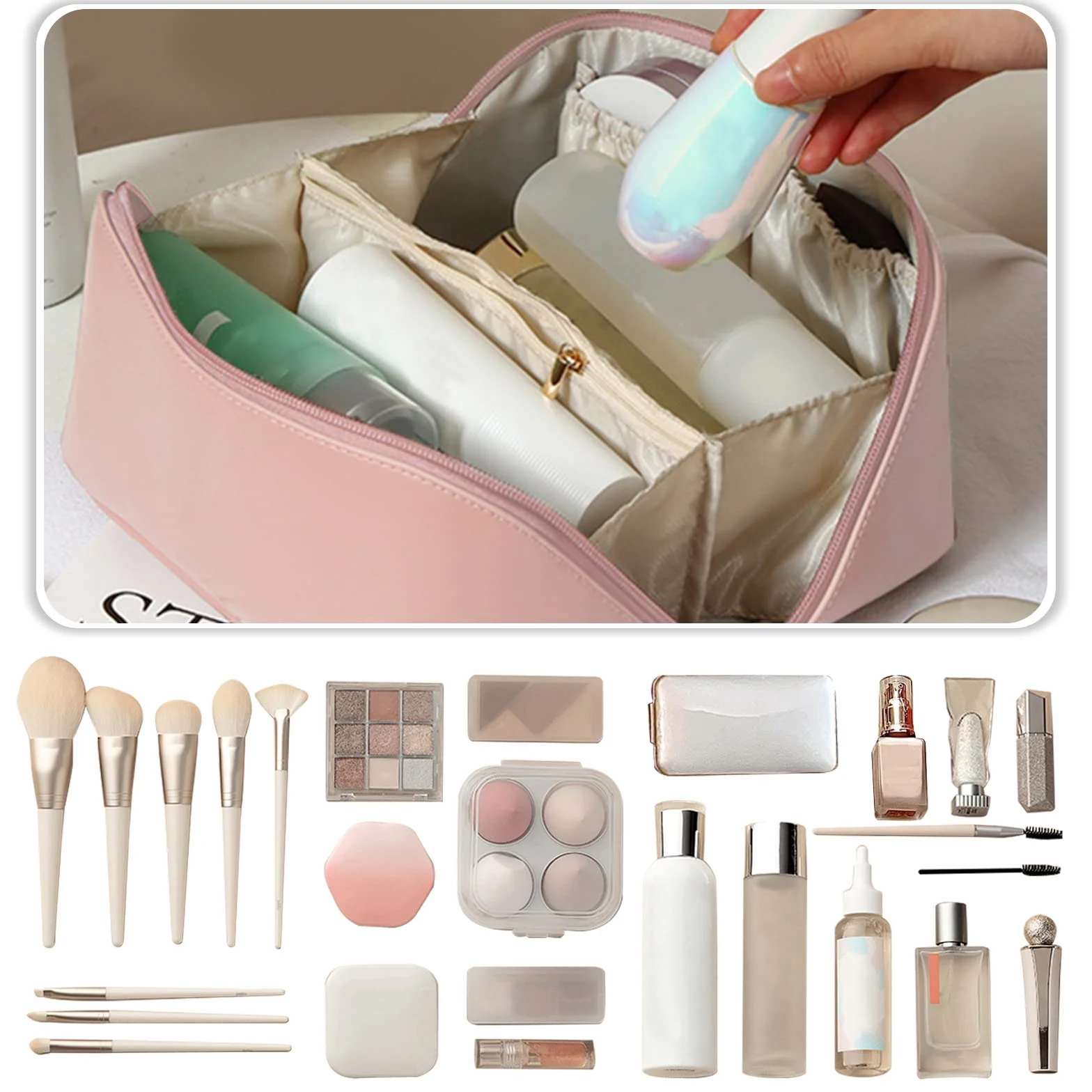 CORIOS Große Kapazität Kosmetiktasche Wasserdicht Kulturtasche Leder Schminktasche Multifunktions Kulturbeutel Tragbare Make-up-Tasche für Damenkosmetik Accessoires und Toilettenartikel Braun