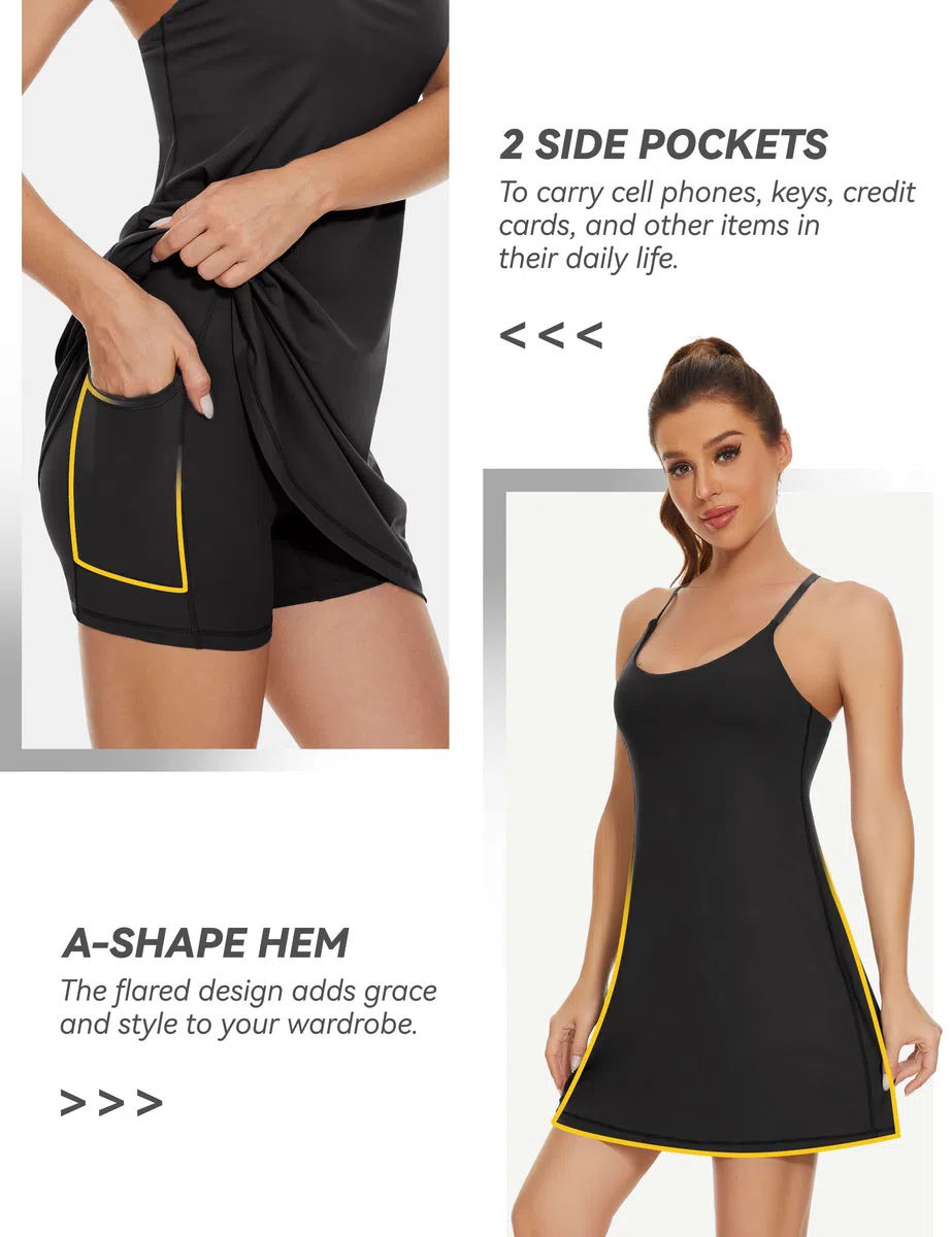 Desol Damen-Tenniskleid, Golf-Trainingskleid mit integrierten BH- und Shorts-Taschen, sportliche Trainingskleider mit verstellbaren Trägertaschen