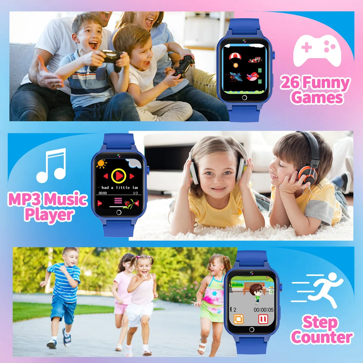 Smartwatch Kinder Jungen und Mädchen 4-15 Jahre, 39 Spielen, Sportmodi, MP3, Taschenlampe, 100+ Lernkarten, Hörbücher, 13 Wecker, Schulmodus, Schrittzähler, Pädagogisches Geschenk für Kinder Kinderuhr