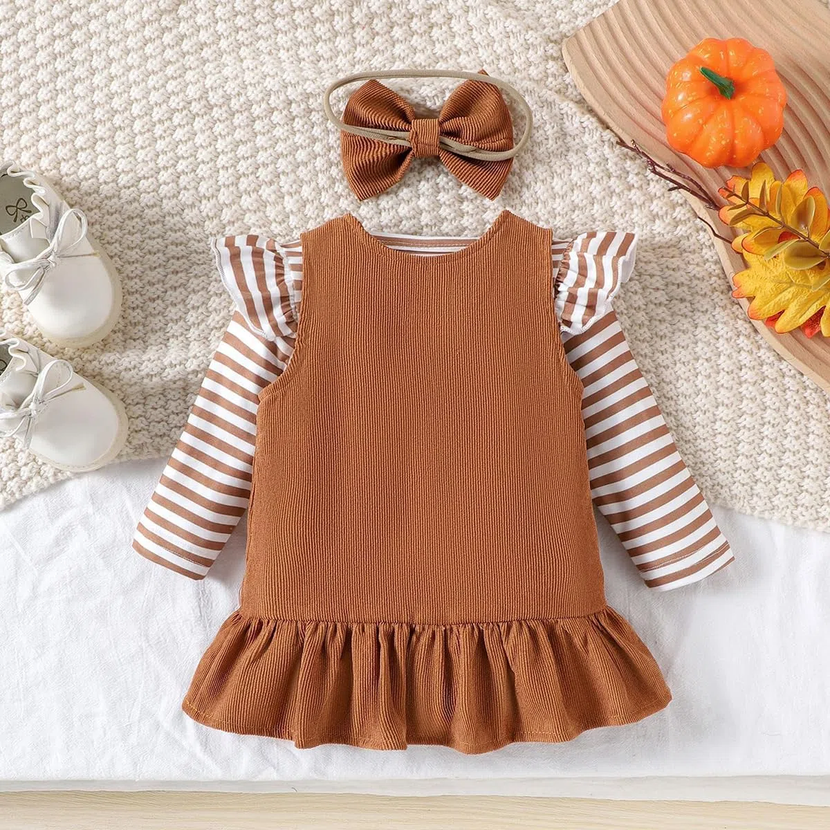 Baby Mädchen Halloween Röcke Sets Rüschen Langarm Tupfen Strampler Top + Süß Kürbis Overalls Hosenträger Kleid Herbst Kleidung Outfits 3Pcs Brauner Kürbis 3-6 Monate