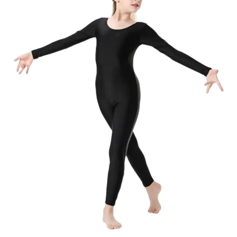 Damen Mädchen Kinder Glänzend Steigbügel Tanzkostüm Gymnastik Langarm Einteiler Catsuit